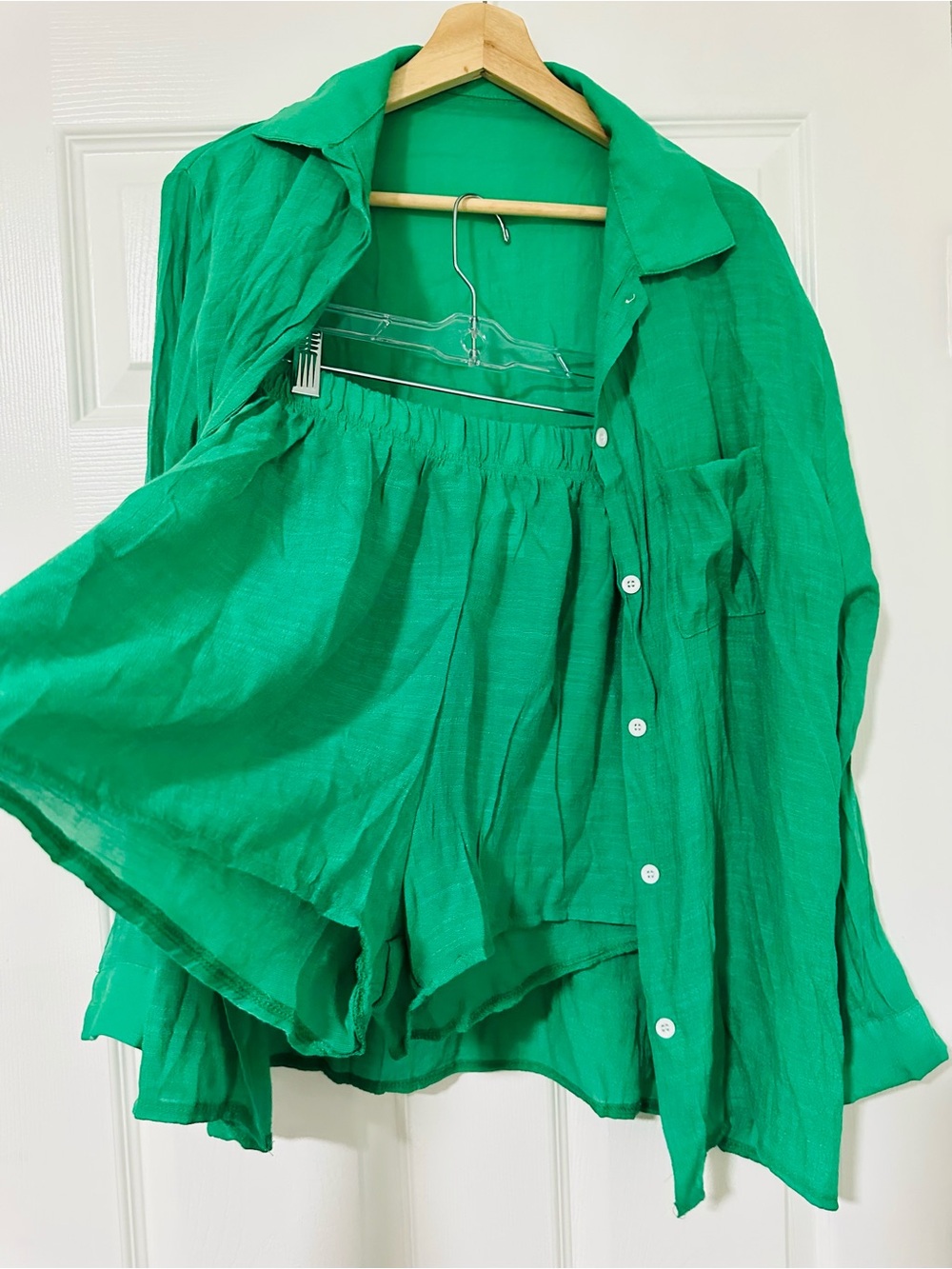 Bright Green Two-Piece Linen Shirt and Shorts Set